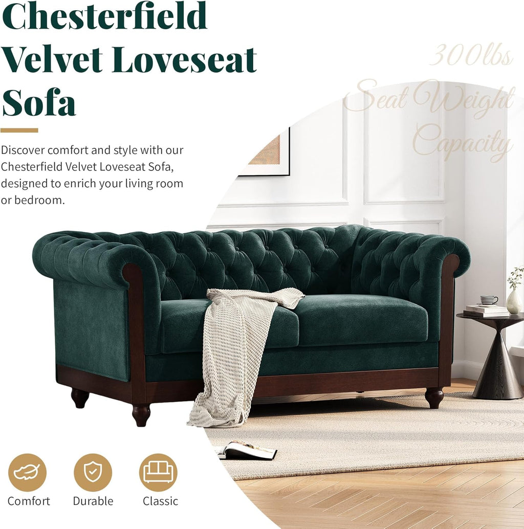 Merax Velvet Chesterfield Sofa, Retro Style Upholstered 3 Seater Leather Couch Rolled Arm for Living Room Bedroom Office, Dark Green