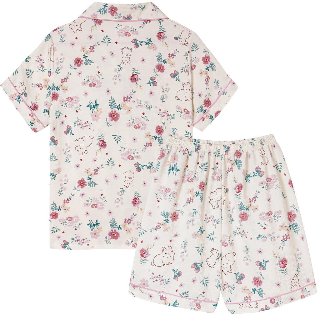 Vopmocld Big Girls Button Down Sleepwear Short Sleeve With Shorts 2PCS Pajama Sets Casual Lapel Loungewear Patterns Printed, 2PCS-Bunny, 10