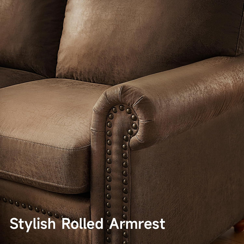 Faux Leather Sofa, 84" Rolled Arms Couch with Nailhead Trim, 3 Seater Deep Seat Sofa with Spring Cushion, Solid Wooden Bun Legs, Mid-Century Vintage Couch for Living Room, Farmhouse, Brown
