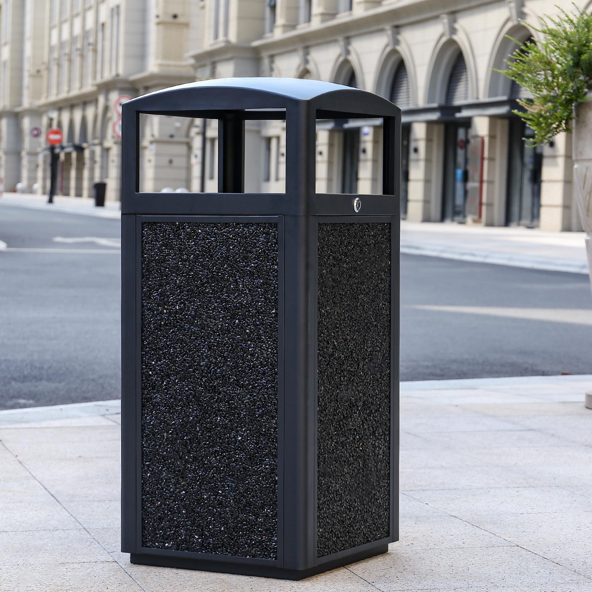 Commercial Metal Outdoor Trash Can with Lid, Lockable Outdoor Garbage Can with Nature Stone Panels, Heavy-Duty Rustproof Trash Bin with Removable Liner for Parks & Public Spaces