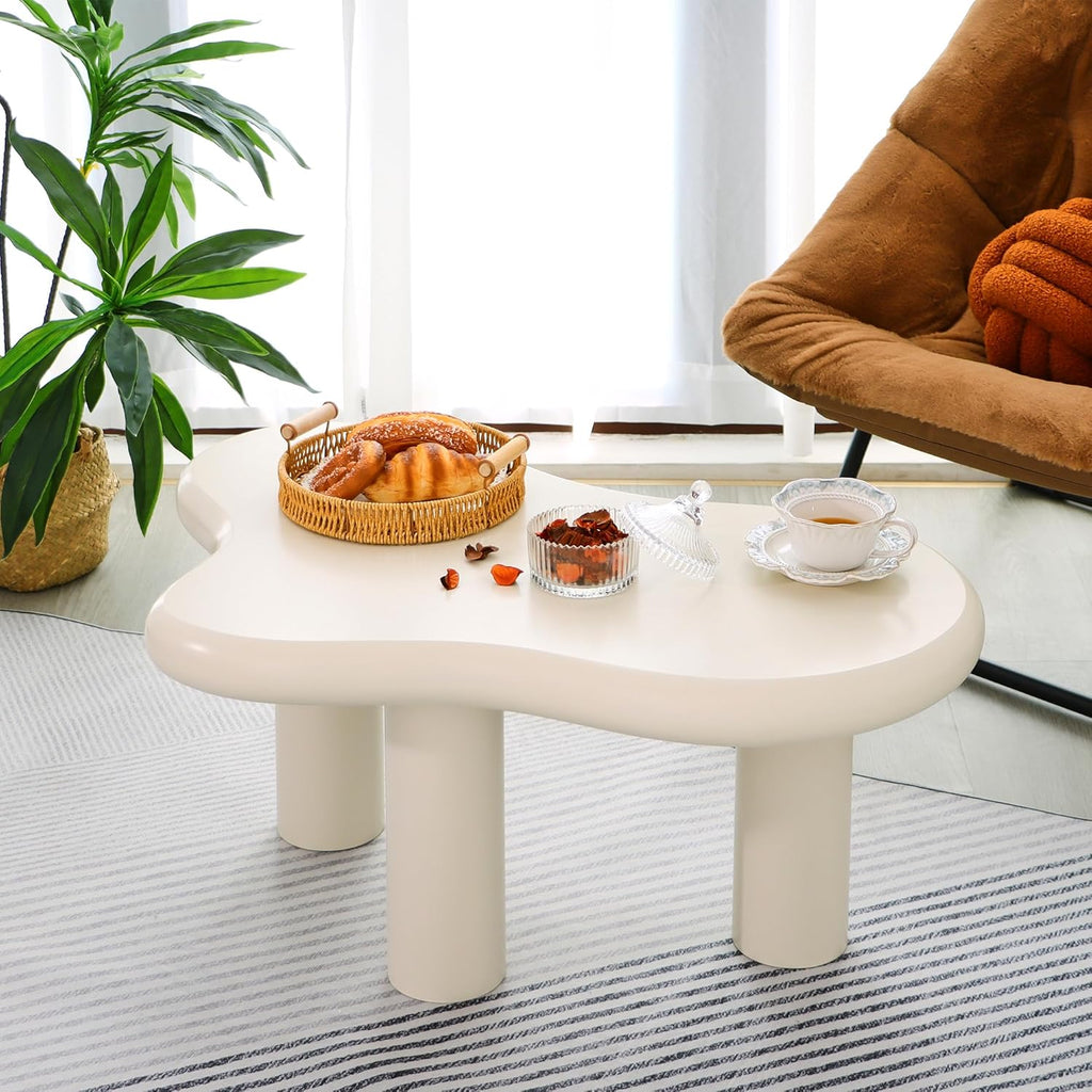 34"(L) Cloud Coffee Table, Modern Wood Coffee Table for Living Room, Accent Unique Center Tables with 3 Legs, Small Tea Tables for Balcony, Patio, Bedroom, Cream White