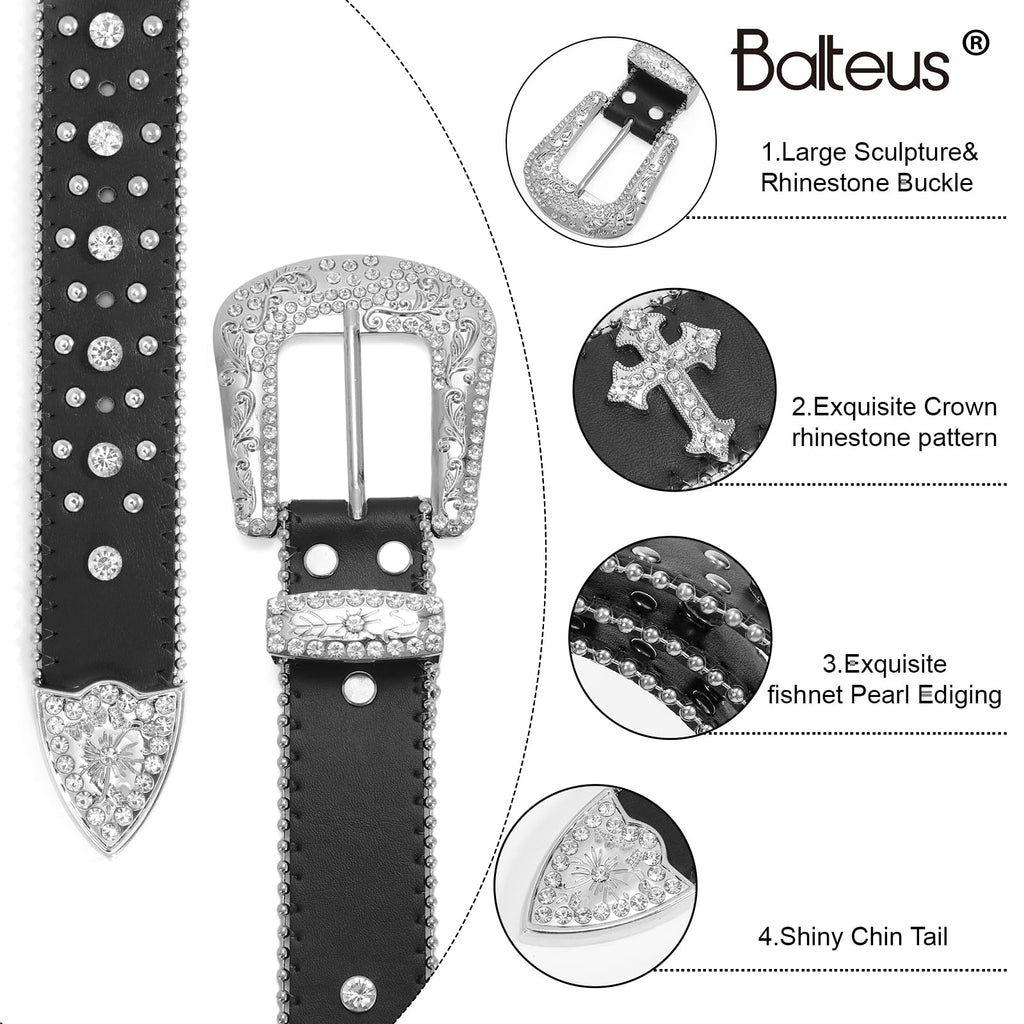 Women Men Rhinestone Belt,Fashion Western Cowgirl Cowboy Bling Studded Cross Leather Belt Diamond Belt for Jeans Dress,Black,S,