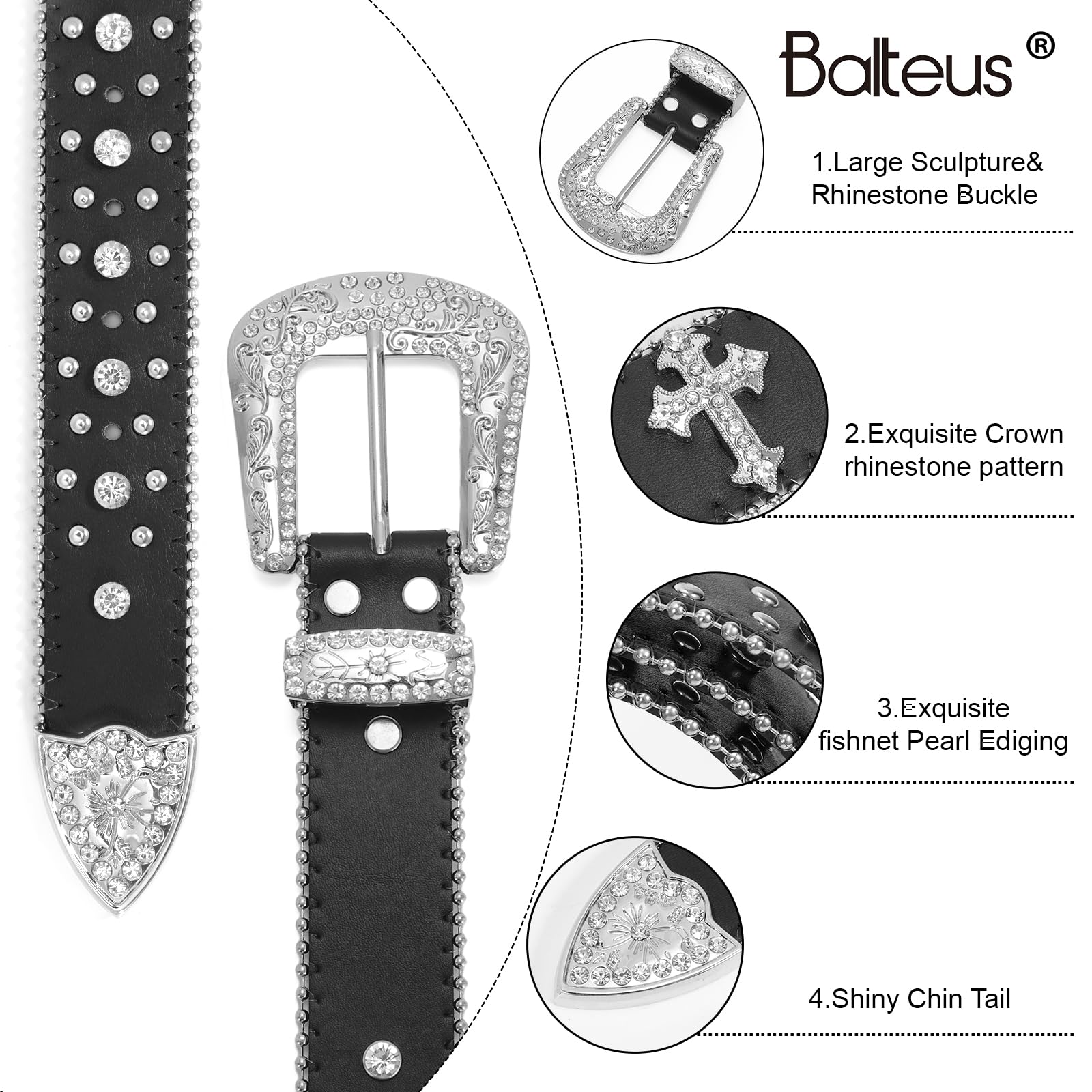 Women Men Rhinestone Belt,Fashion Western Cowgirl Cowboy Bling Studded Cross Leather Belt Diamond Belt for Jeans Dress,Black,S,