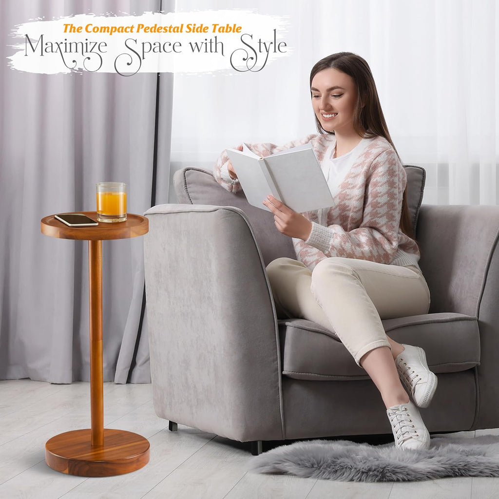 Drink Table, 24.4" Tall Compact Side Table with Phone Slot and Weighted Base, Durable Pedestal Table Accent for Living Room (Stepped Base, Acacia)