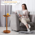 Drink Table, 24.4" Tall Compact Side Table with Phone Slot and Weighted Base, Durable Pedestal Table Accent for Living Room (Stepped Base, Acacia)