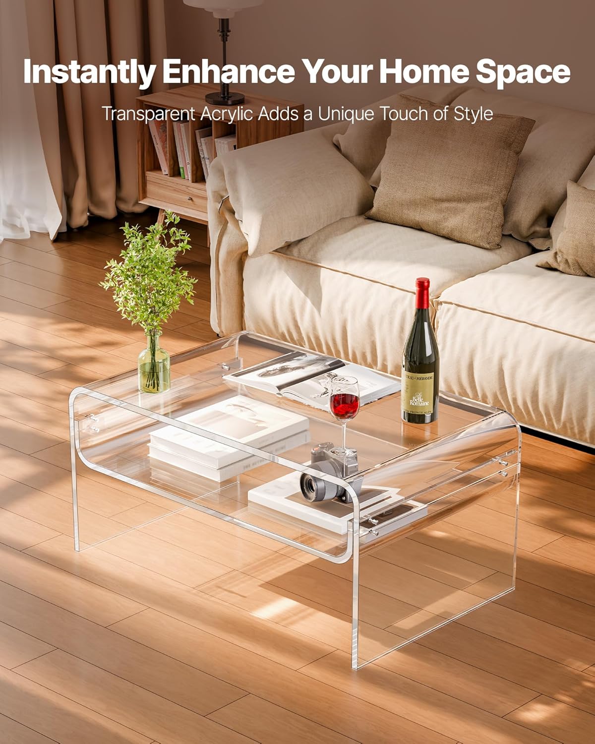 VEVOR Acrylic Coffee Table, Modern Lucite Desk with Open Storage Shelf, Clear Rectangle Center Table for Living Room, Office, 31.5 x 19.7 x 15 in
