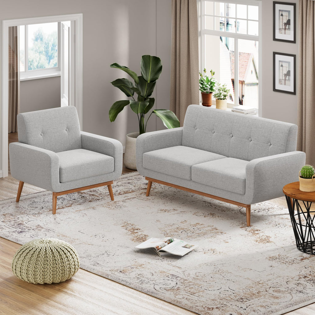 HUIMO Living Room Set, Button Tufted Living Room Furniture Sets, Upholstered Modern Couch Set with Solid Frame, Deep Seat Sofa Set for Living Room, Office (Light Grey, 3 Piece Set-1*loveseat+2*Chair)