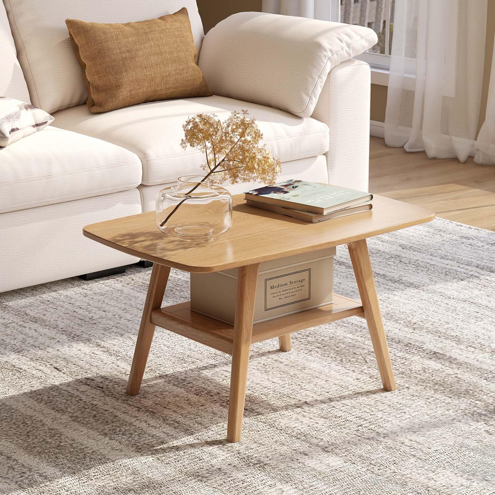 100% Solid Oak Wood Coffee Table for Living Room, 2-Tier Small Table with Storage Shelf, Mid Century Modern Coffee Tables (Walnut, 31.49" x 19.68" x 17.32")