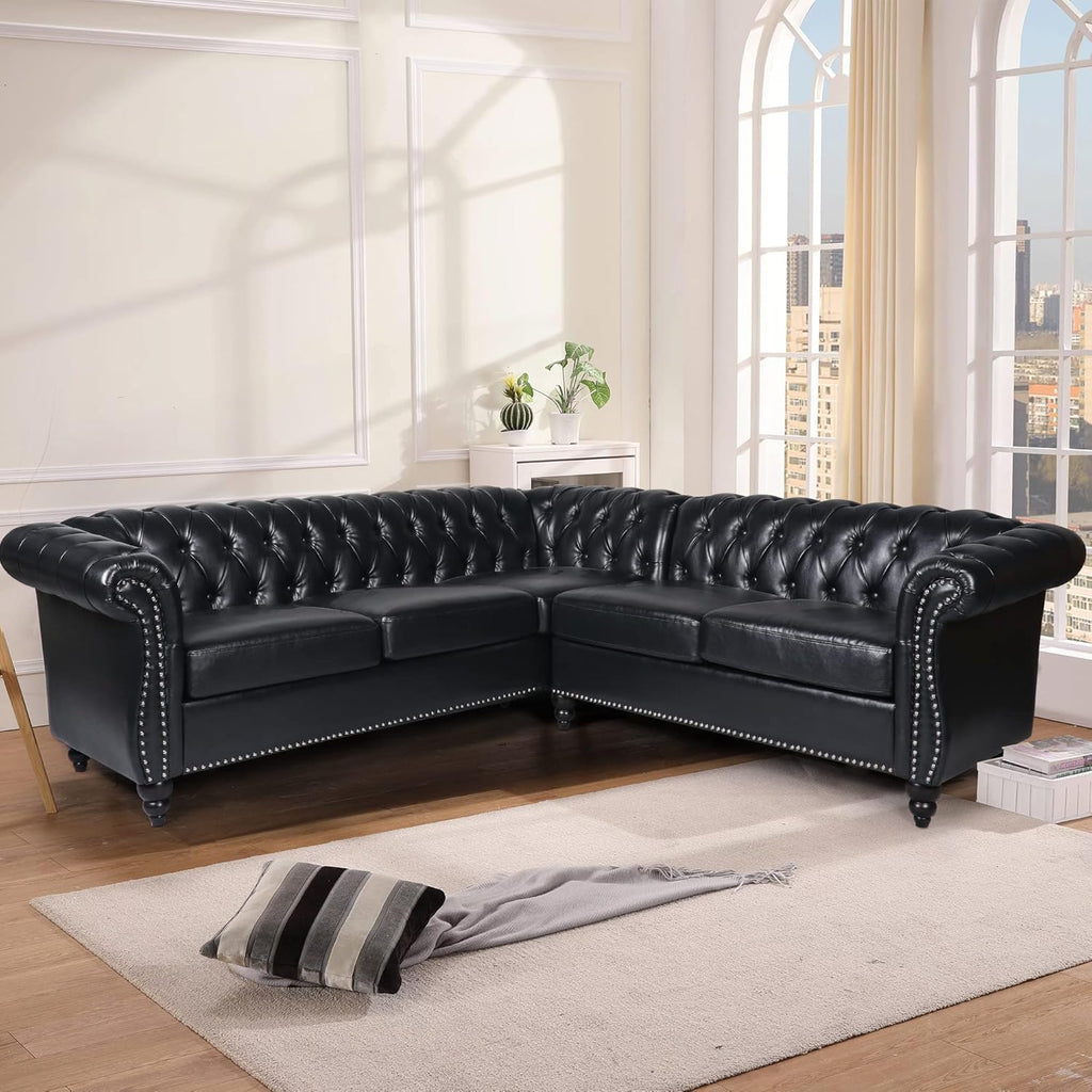 QHITTY L-Shaped Sofa, Sectional Chesterfield Leather Couch 5-Seater Upholstered Small Accent Tufted Sofa with Rolled Armrest and Nailhead Design for Living Room, Apartment, Office (Black)