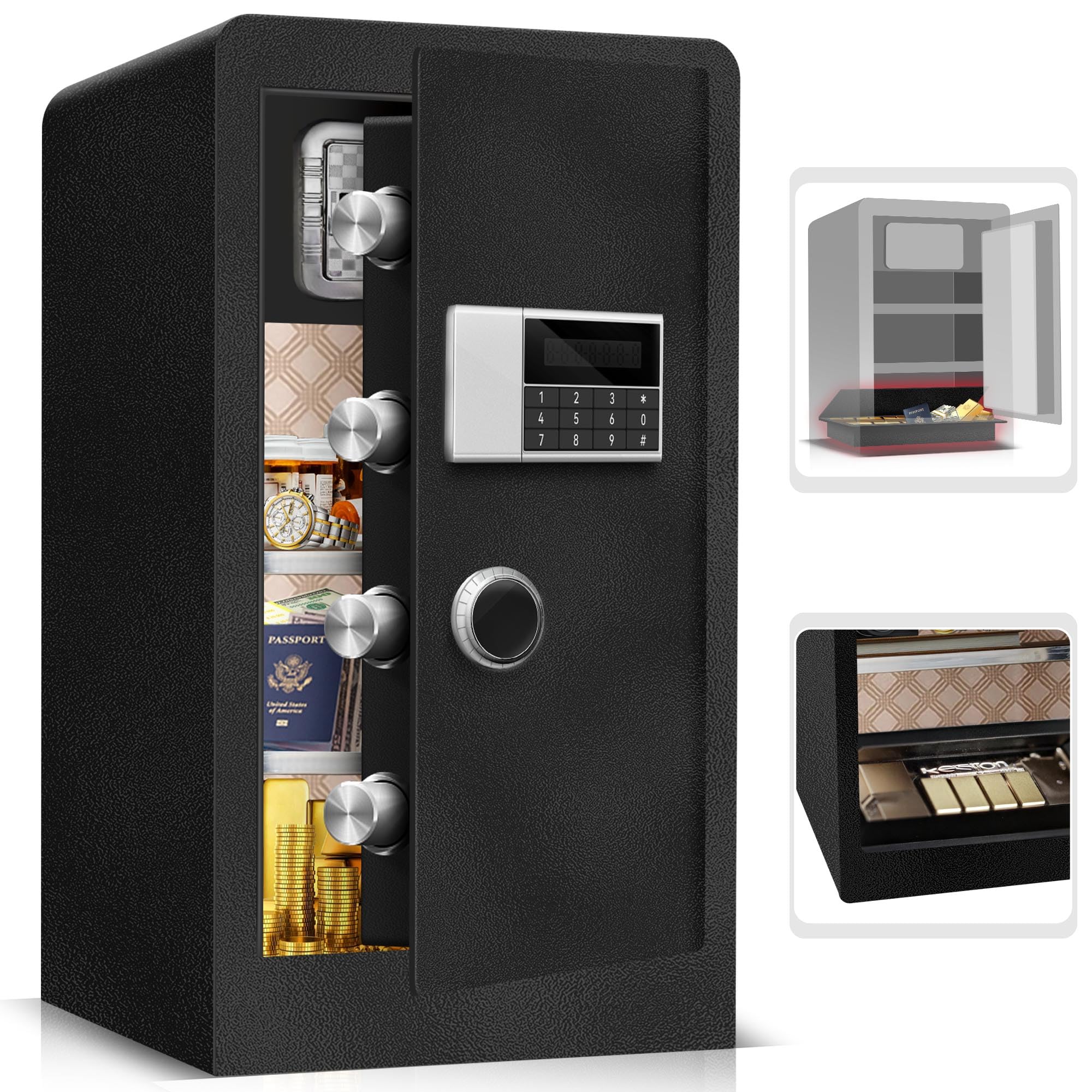 HOLOJOY Stor brandsikker vandtæt pengeskabsboks til hjemmekontordokumenter - 9,0 Cu Ft Heavy Duty stål LCD-skærm Digital sikkerhedsboks med LED-lys, aftagelig hylde til penge Smykker værdigenstande