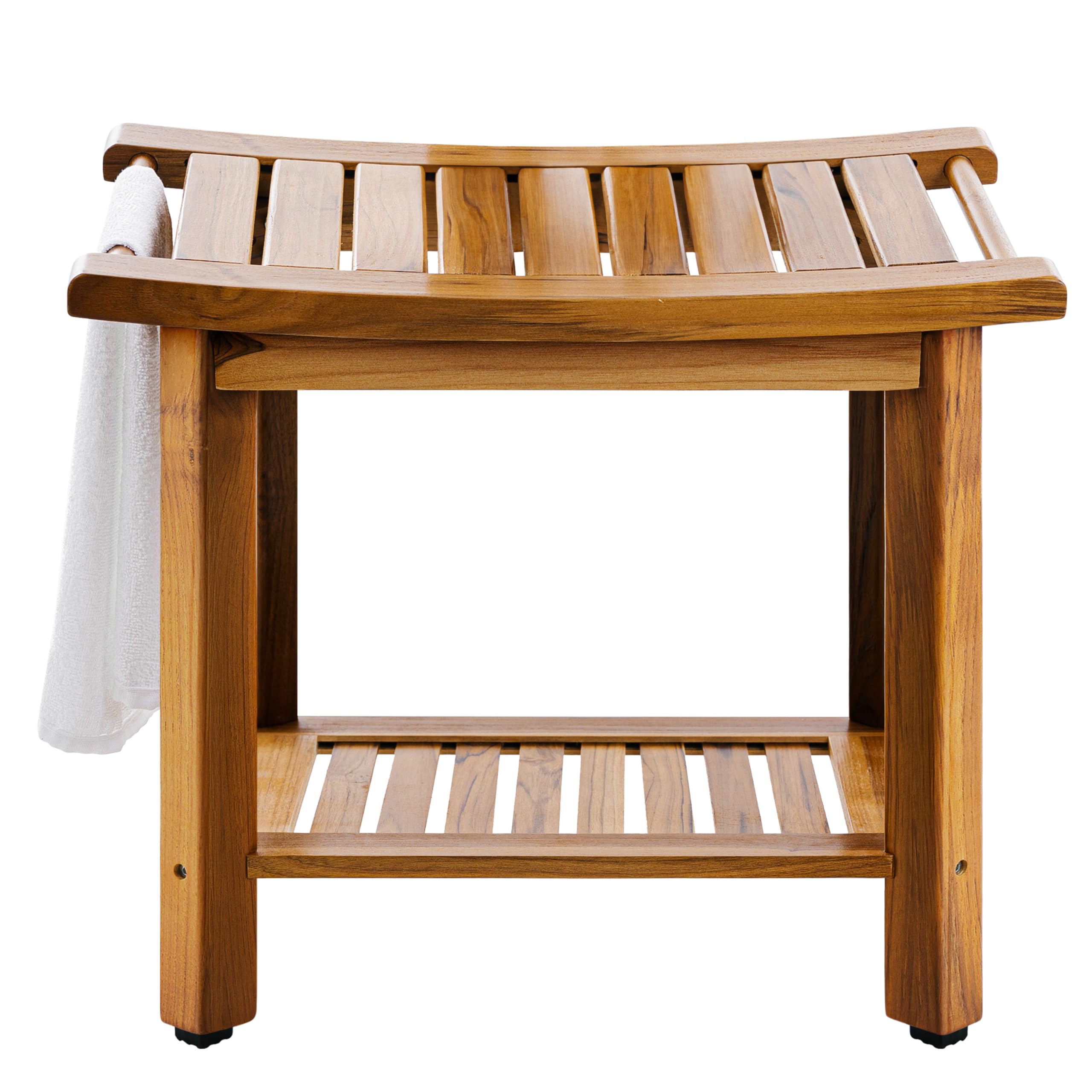 Teak Shower Bench Seat with Handles AB & Co Group, Portable Wooden Shower Bench with Storage Towel Shelf,Waterproof Teak Shower Stool, Spa Bath Shower Chair for Inside Outside Shower