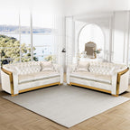 Mid Century Modern Chesterfield Sofa Couch, 81" Velvet Couch White and Gold Sofa Luxury Curved Loveseat for Living Room, 3 Seat Tufted Sofas with 2 Pillows & Classic Gold Legs, Beige White