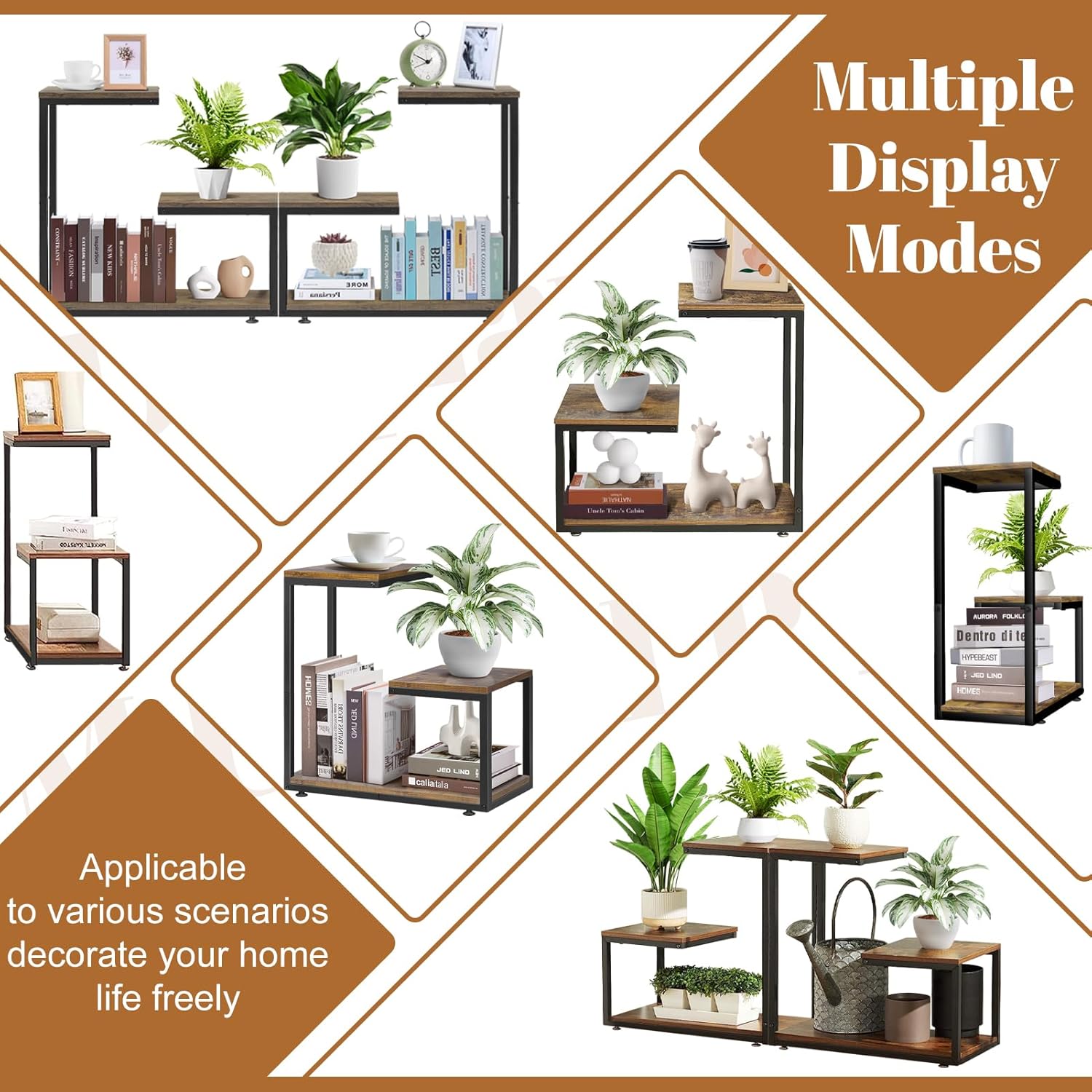 G-Shaped Side Table with Thick Metal Frame, 3-Tier End Table for Sofa Bedside Table with Storage, Corner Table Coffee Table for Bedroom Living Room Kitchen (Rustic Brown)