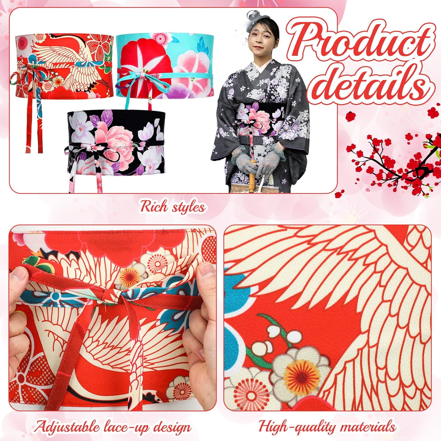 Handepo 3 Pcs Women's Japanese Kimono Robe Obi Belt Kimono Robe Wide Waistband for Japanese Style Robe Accessories