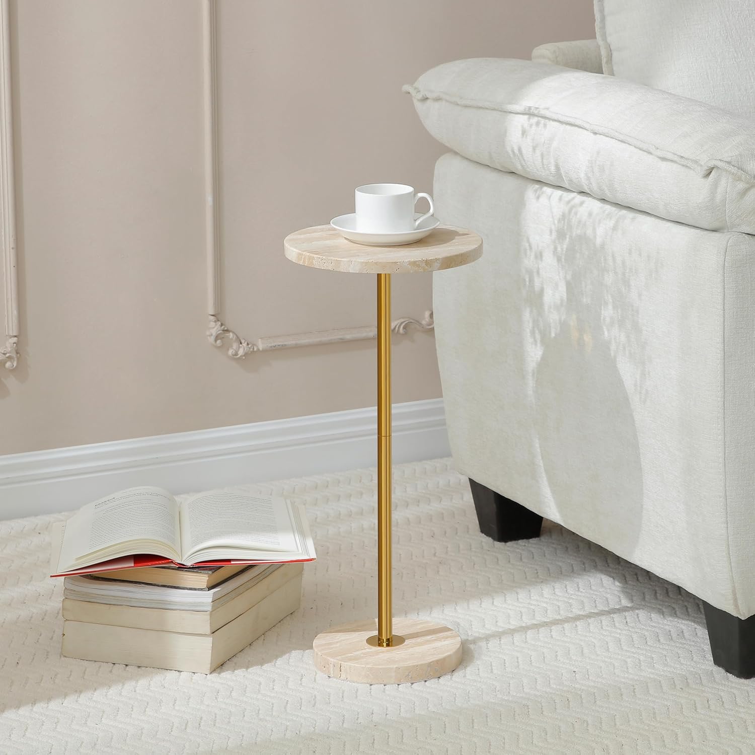 Φ9.8-inch Marble Round Drink Table, Stone Finish Pedestal End Table for Living Room, Weighted Base Small Accent Side Table for Small Space Office - Beige