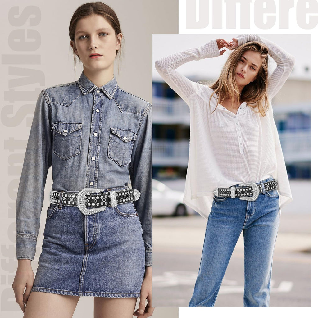 FIORETTO Men Women Rhinestone Belt Bling Shining Diamond Cowgirl Cowboy Western Studded Leather Belt Waist Belt for Jeans Pants Black Silver