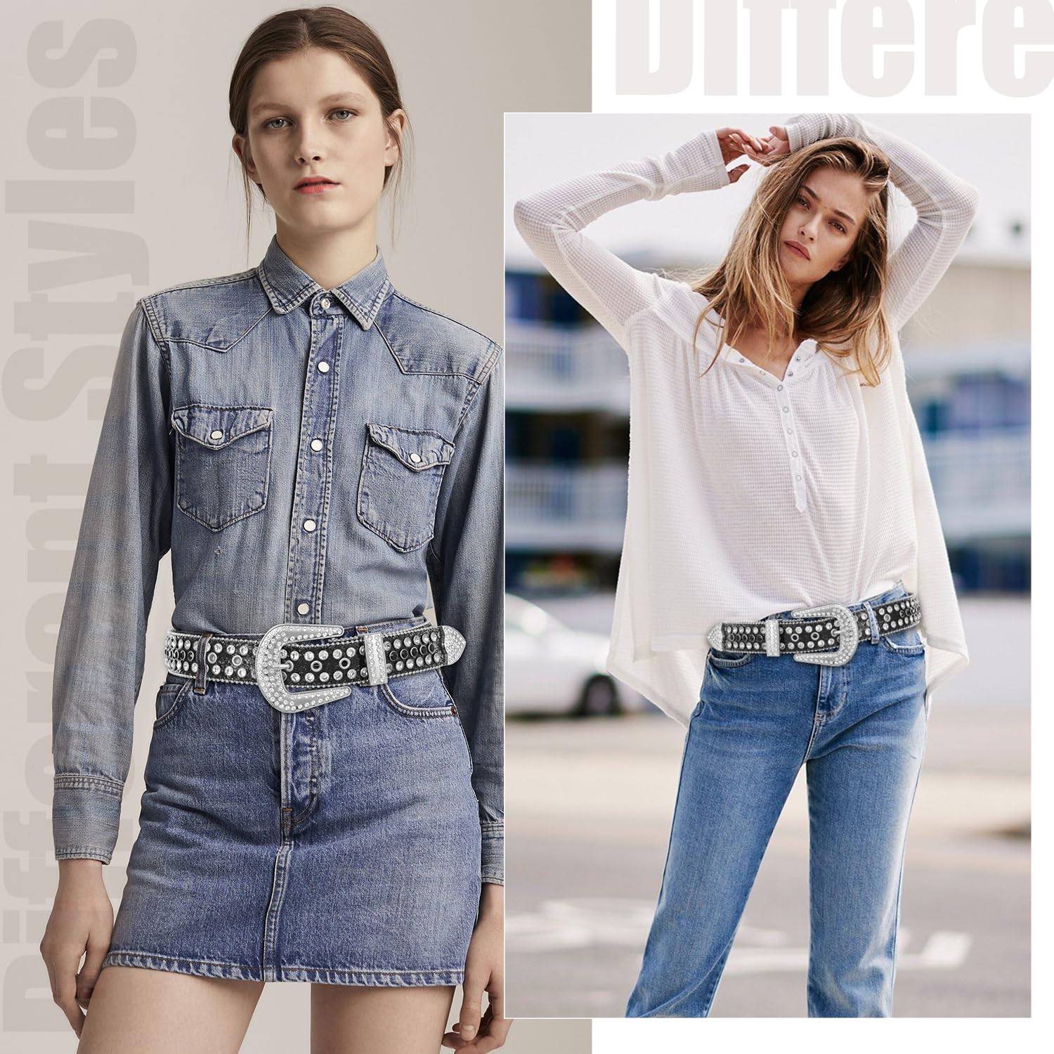 FIORETTO Men Women Rhinestone Belt Bling Shining Diamond Cowgirl Cowboy Western Studded Leather Belt Waist Belt for Jeans Pants Black Silver