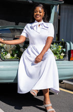 Memoriesea Women's Elegant Casual Short Sleeve Work Party A-Line Dress with Pockets White