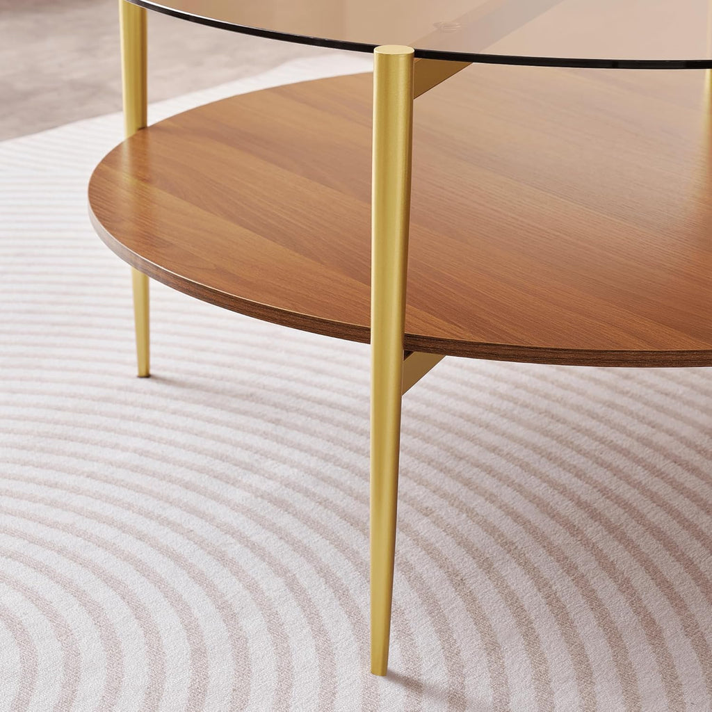 Extra Large Round Coffee Table, Mid-Century Modern Design, D34 x H17 in, for Living Room, 2-Tier Structure, Amber Glass Top and Walnut MDF Shelf, Sleek Conical Metal Legs with Gold Finish