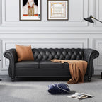 AVZEAR 82" Three Seater Leather Sofa, Chesterfield Sofa, Mid-Century Modern PU Upholstered Sofa Couch, Deep Button Tufted Living Room Sofa with Two Throw Pillows, Black