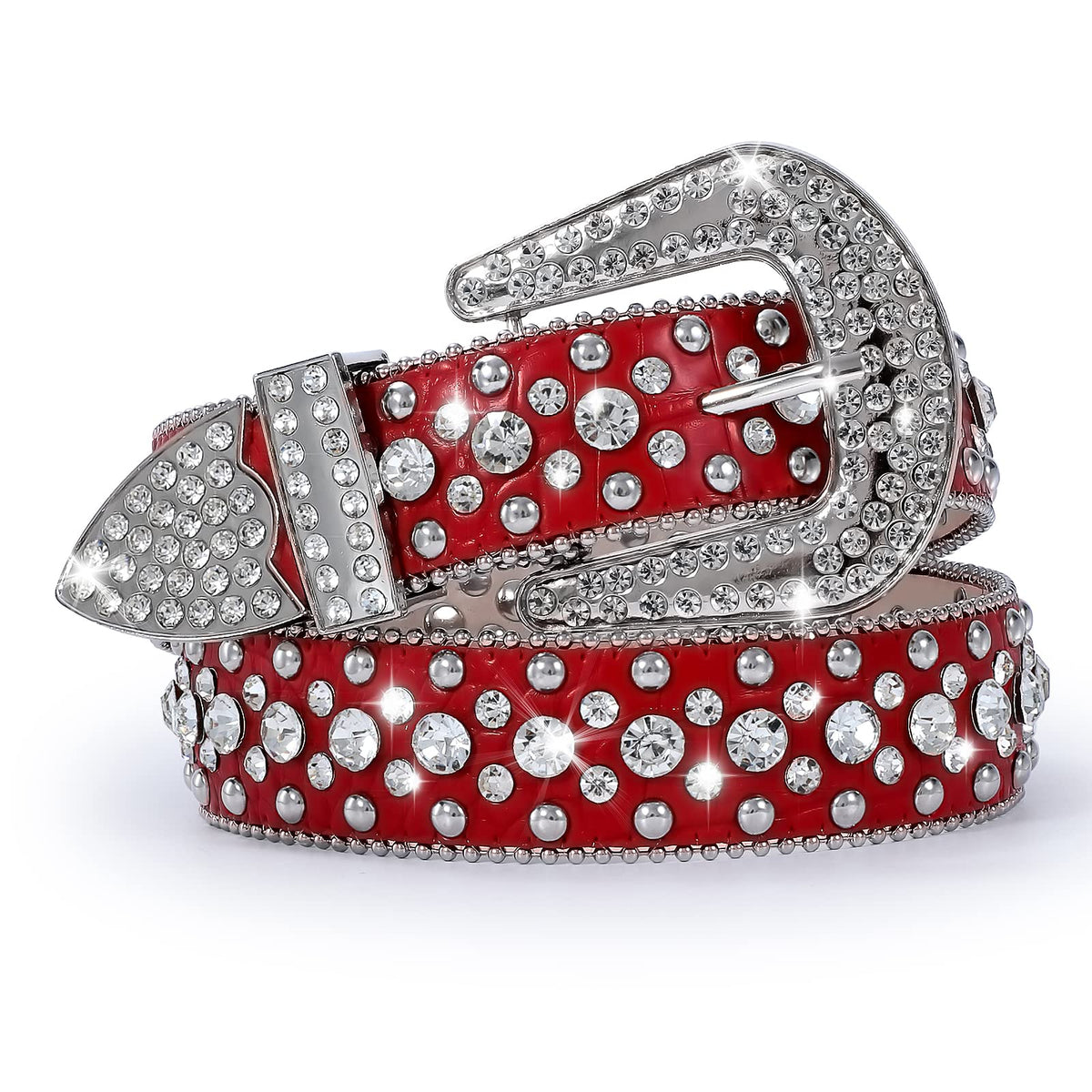 SANSTHS Women Rhinestone Belt for Jeans, Western Cowgirl Bling Studded Belt Faux Crocodile Grain Leather, Red S