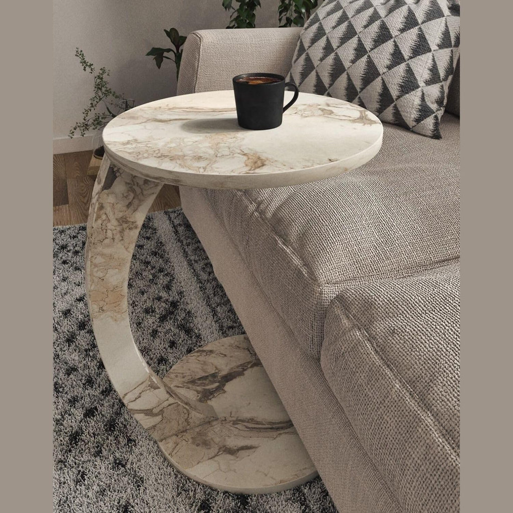 C Shaped End Table for Couch Small Places, Faux Marble White Space Saver Round Side Table for Sofa and Bedside with Wheels, Coffee and Snack Time Tray for Living Room (White Marble)