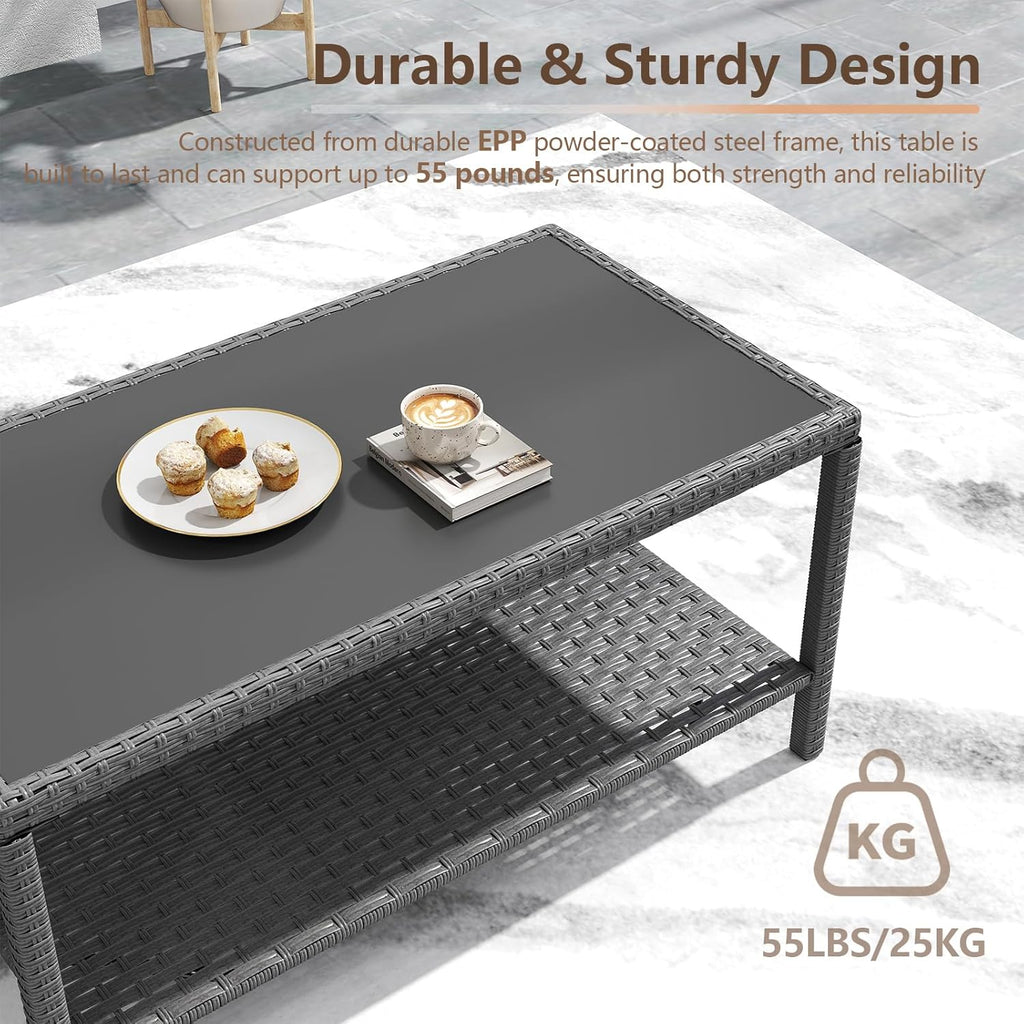 C-Hopetree Small Outdoor Coffee Side End Table for Outside Patio Storage, Gray All Weather Wicker with Glass Top, Rectangle