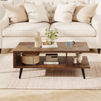 GOFLAME Wood Coffee Table, 2-Tier Mid Century Modern Center Table with 2 Open Storage Compartments & Metal Legs, Rectangular Accent Tea Tables for Living Room, Home Office, Apartment (Rustic Brown)