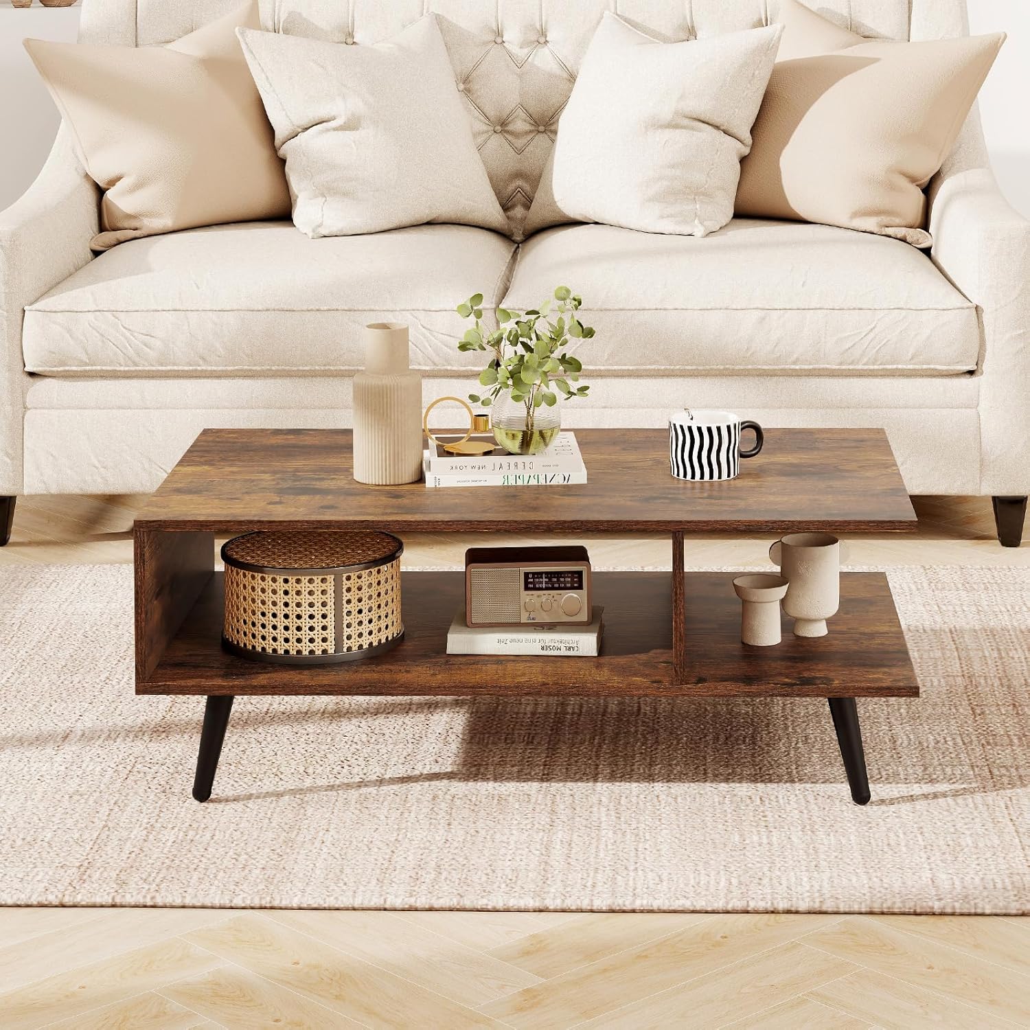 GOFLAME Wood Coffee Table, 2-Tier Mid Century Modern Center Table with 2 Open Storage Compartments & Metal Legs, Rectangular Accent Tea Tables for Living Room, Home Office, Apartment (Rustic Brown)