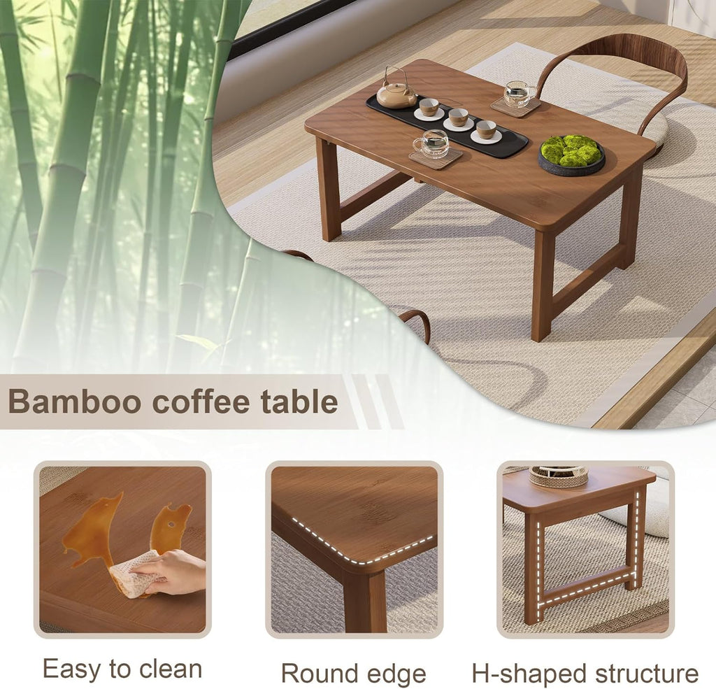 Folding Coffee Table for Living Room - No Assembly Rectangular Foldable Low Table, Japanese Natural Bamboo Wood Coffee Table for Small Space Bedroom, Study, Camping, 31.5" Desktop (Dark Brown)