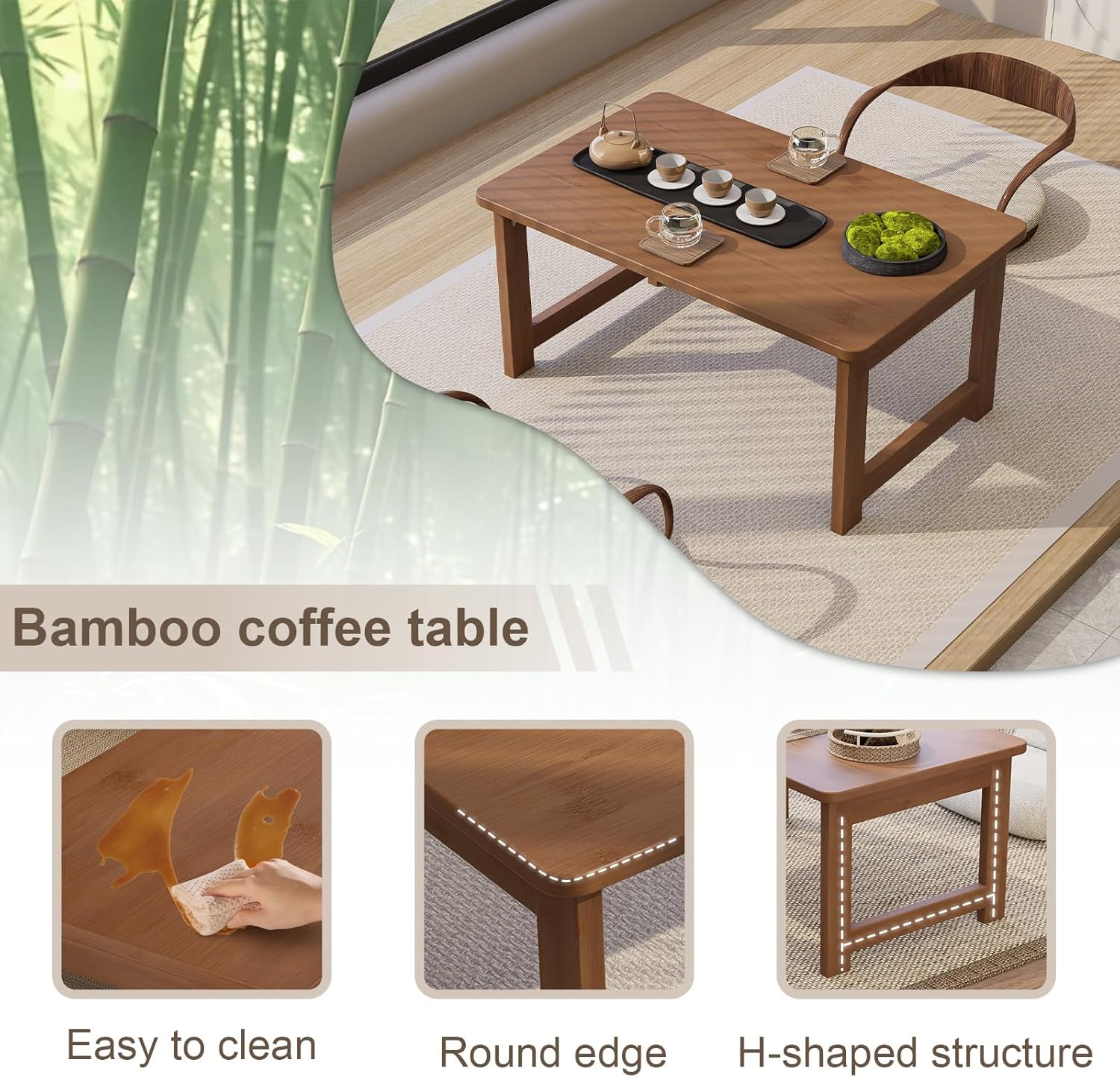 Folding Coffee Table for Living Room - No Assembly Rectangular Foldable Low Table, Japanese Natural Bamboo Wood Coffee Table for Small Space Bedroom, Study, Camping, 31.5" Desktop (Dark Brown)