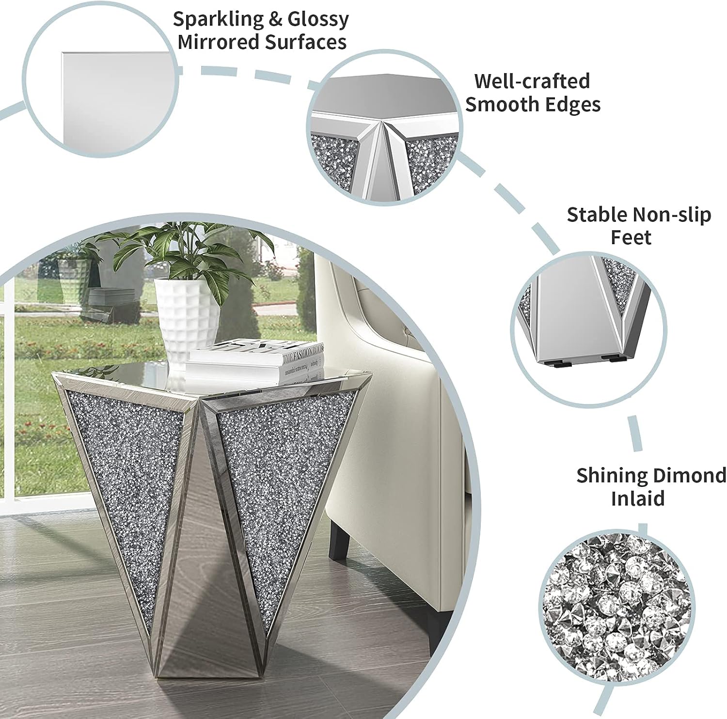 ENENE Mirrored End Table Crystal Diamond Setting Coffee Table Silver Glass Side Table Pedestal Stand for Hallway, Living Room, Corner, Bedroom, Sofa