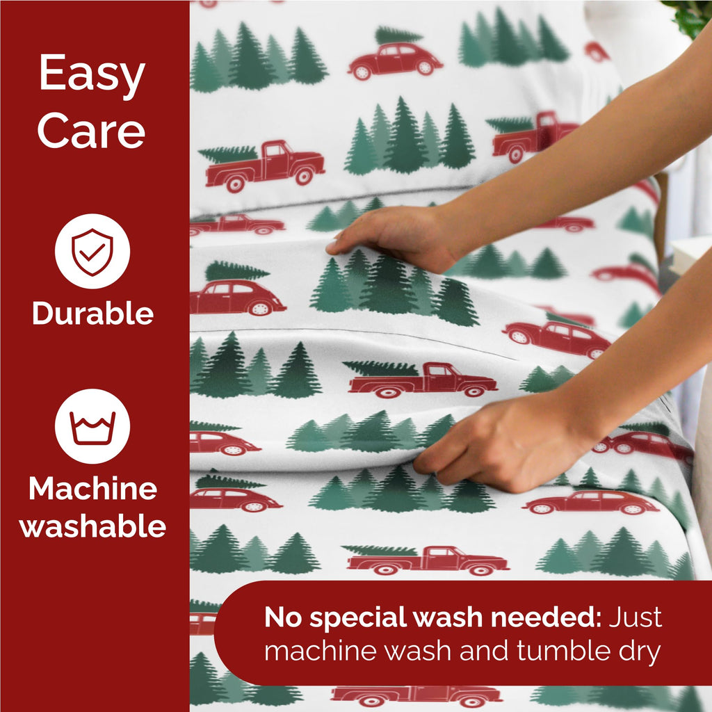 Komplet pościeli King Christmas Tree - Świąteczny wzór Xmas na lnie - Głębokie kieszenie - Dopasowany krój - 4 części - Bez zagnieceń - Wygodna i chłodząca świąteczna pościel zimowa - Łatwa w pielęgnacji - Przyjazna dzieciom