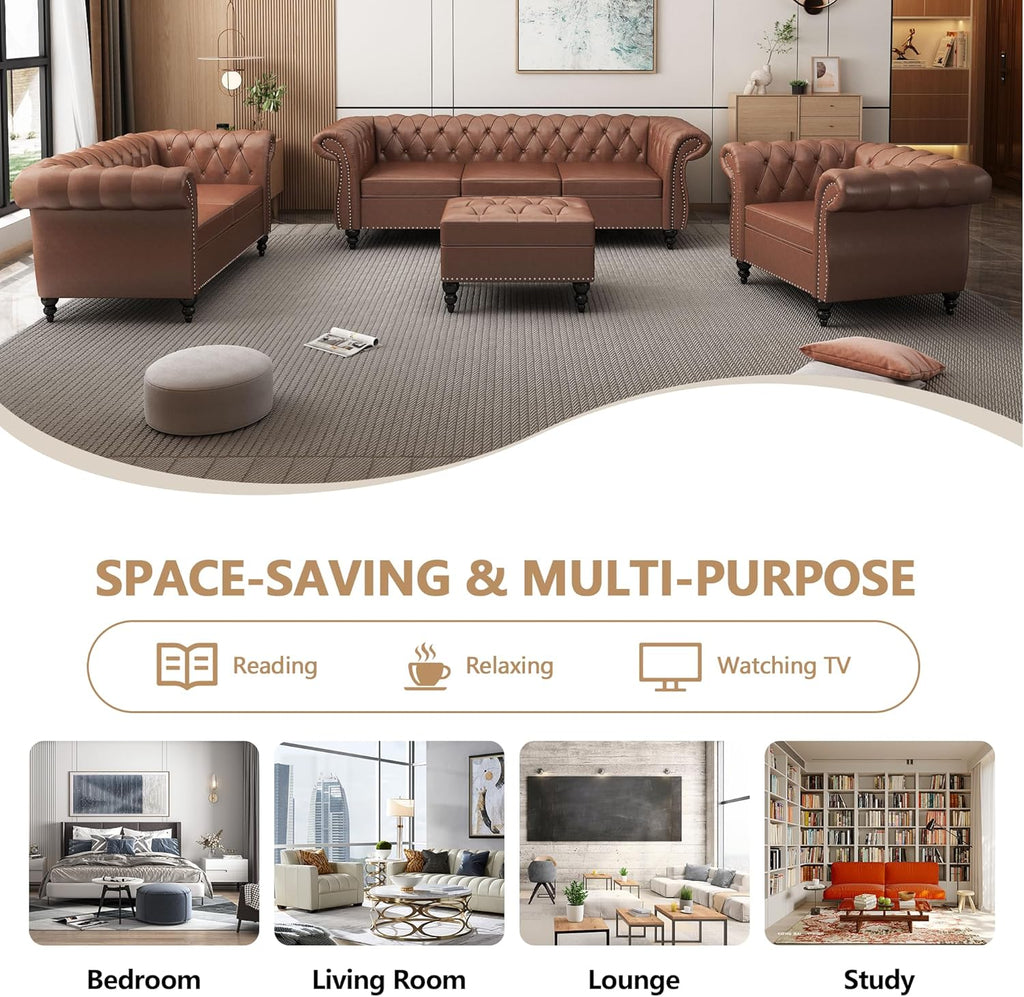 QHITTY 3 Piece Living Room Set, Sectional Chesterfield Sofa Chair Contemporary Upholstered Leather Loveseat Couch Sets for Living Room, Bedroom, Office