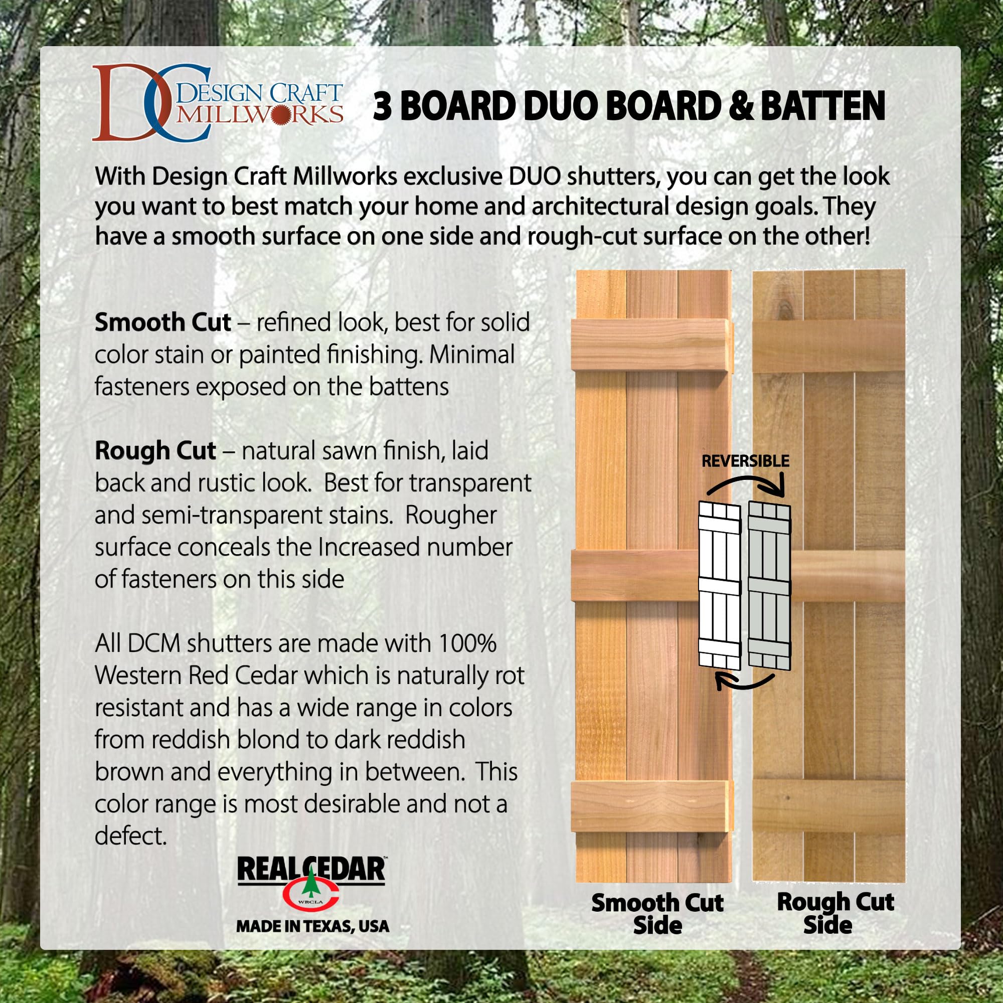 Design Craft Millworks 400368 15 Zoll x 72 Zoll 3-Brett Duo Naturzeder Brett-und-Riegel Fensterläden Paar