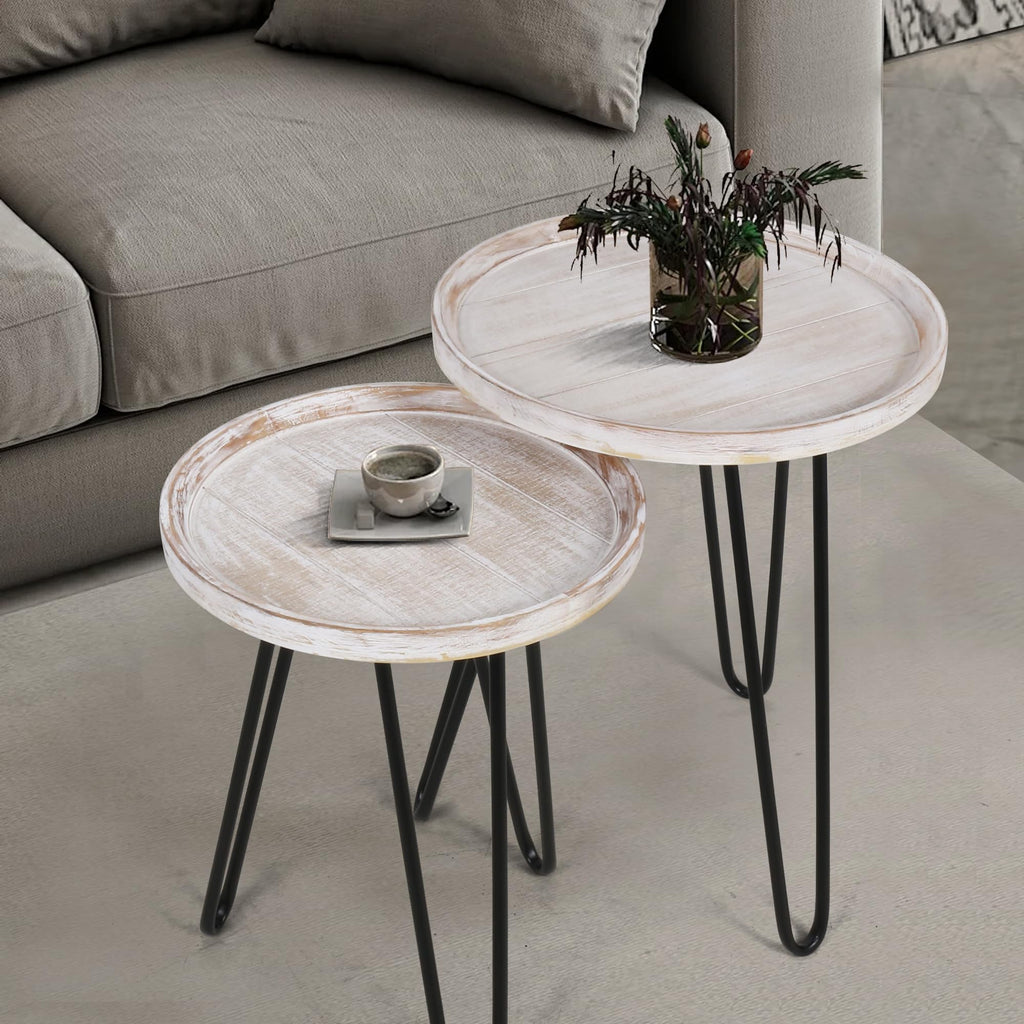 Oakrain Nesting Tables for Living Room, Round Nesting Coffee Table, Farmhouse End Tables Living Room Set of 2, Wood Side Tables Set of 2 for Sofa, Bedroom