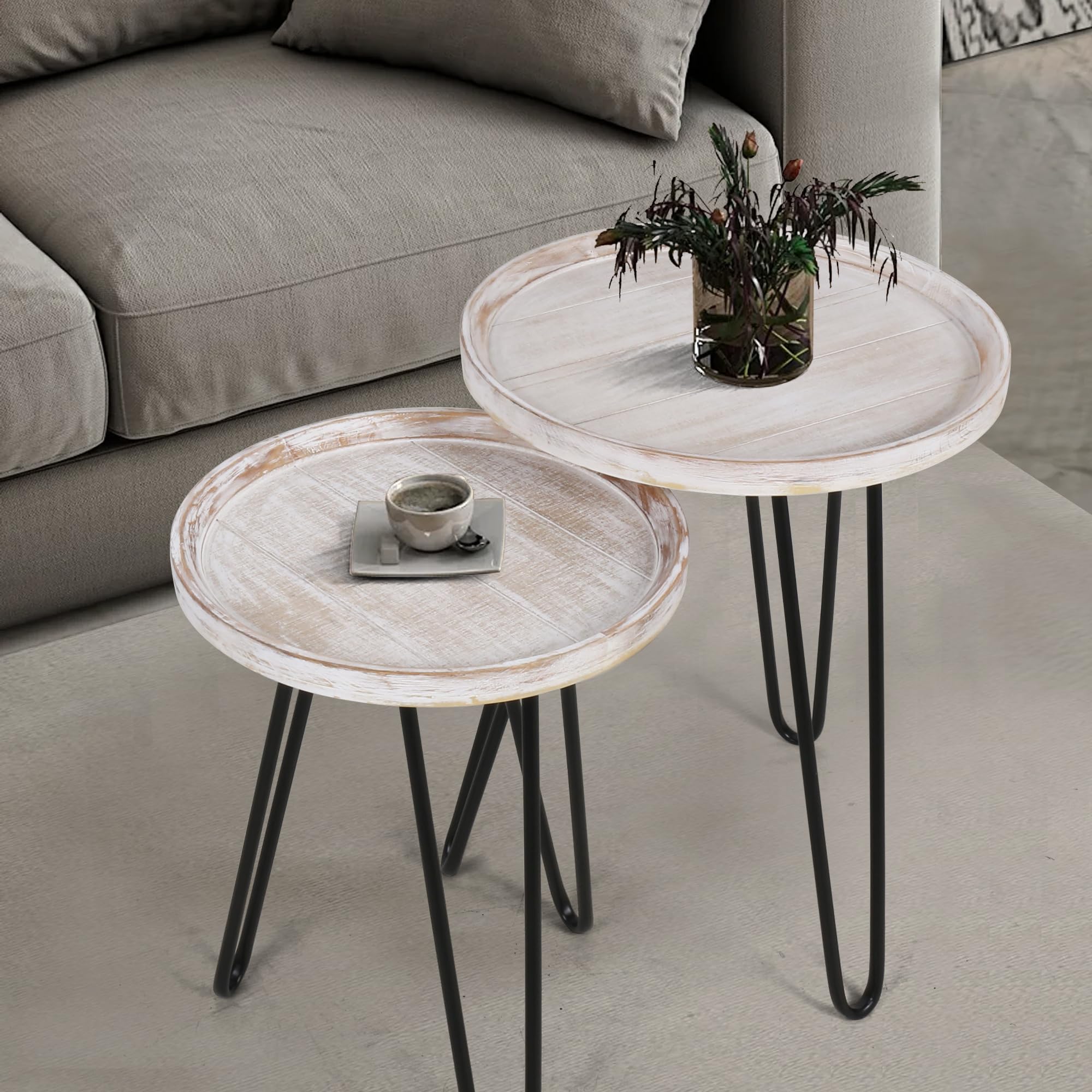 Oakrain Nesting Tables for Living Room, Round Nesting Coffee Table, Farmhouse End Tables Living Room Set of 2, Wood Side Tables Set of 2 for Sofa, Bedroom