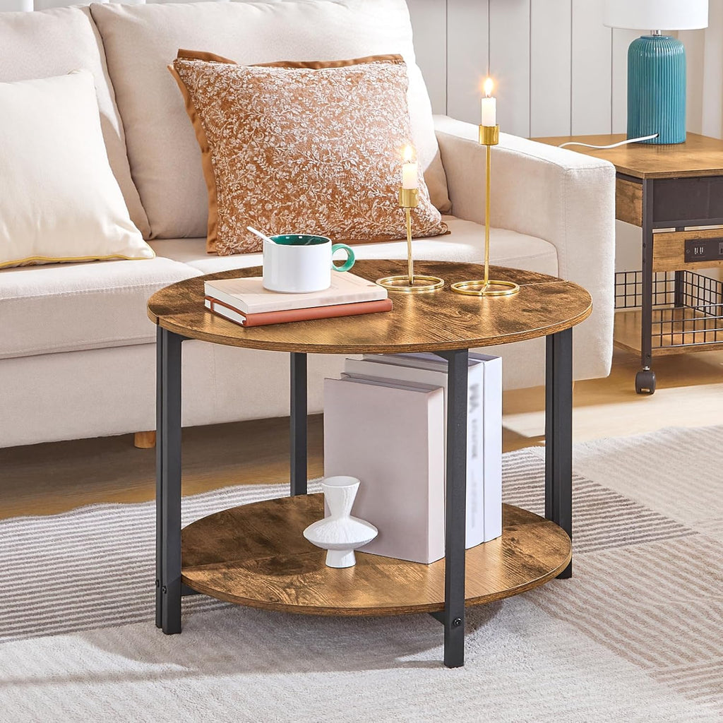 End Tables Set of 2, 23.6" Half Round Coffee Tables, Half Moon Table, 2-Tier Nightstands with Open Shelves, Entryway Table for Living Room, Bedroom, Rustic Brown KF02BR