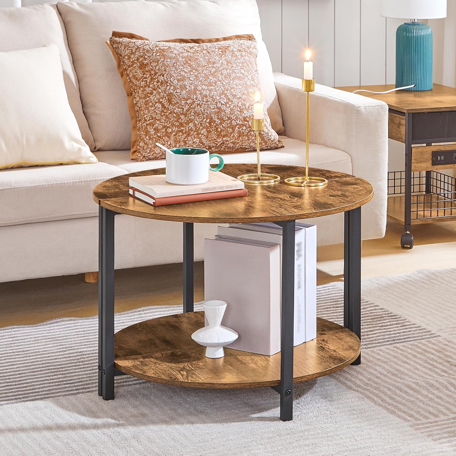 End Tables Set of 2, 23.6" Half Round Coffee Tables, Half Moon Table, 2-Tier Nightstands with Open Shelves, Entryway Table for Living Room, Bedroom, Rustic Brown KF02BR