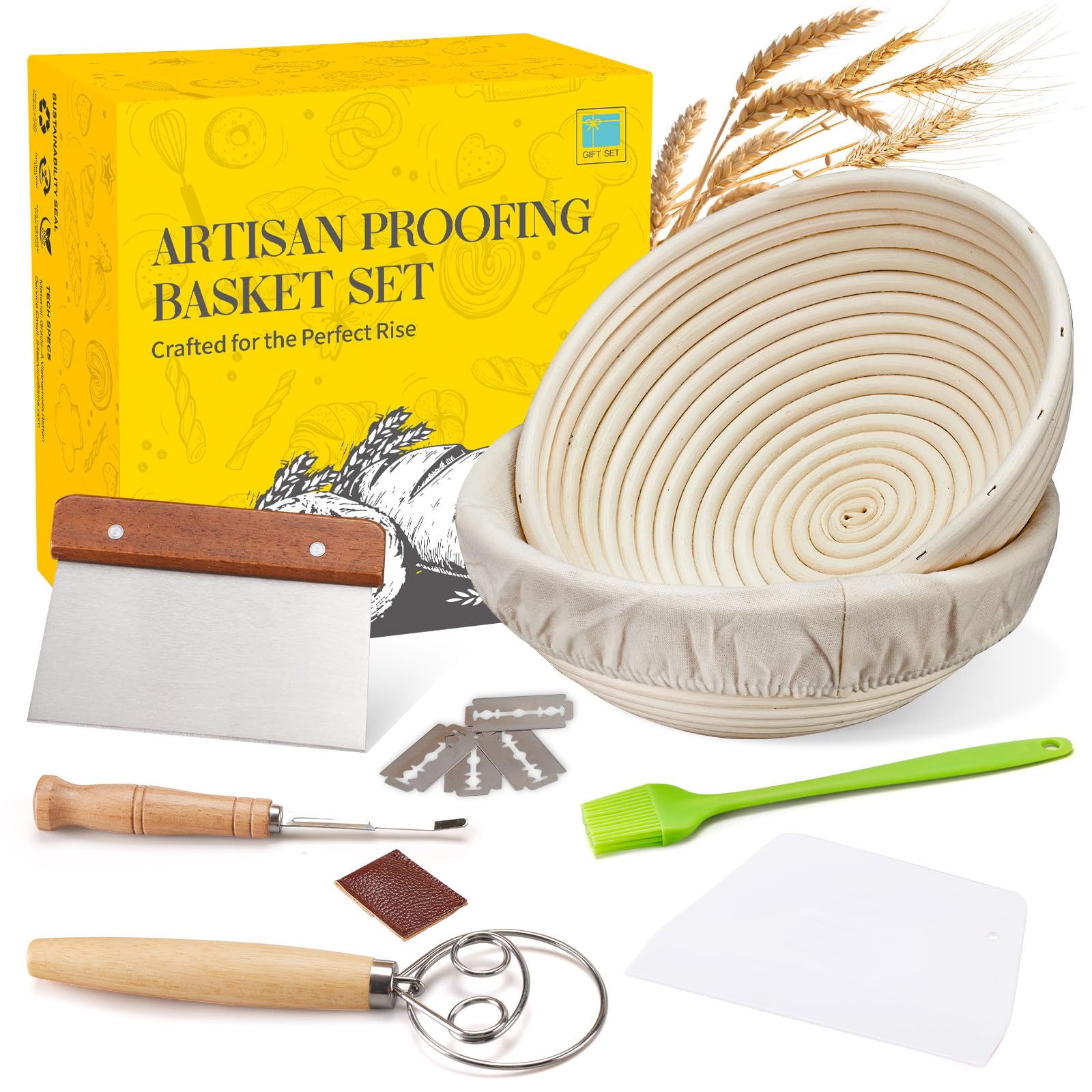 Banneton Bread Proofing Basket Banneton Basket Set Sourdough Proofing Basket Round Proofing Bowls Handmade Rattan Baskets and Liners (Round of 1 Gift Set)