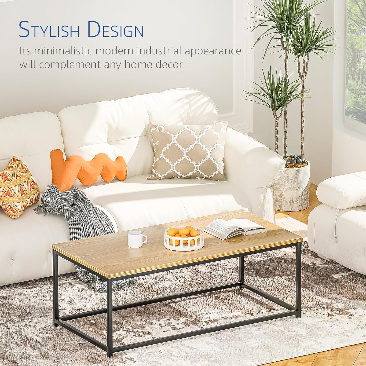 Modern Industrial Style Rectangular Coffee Table for Living Room, Bedroom - Rustic Accent Minimalistic Furniture with Wood Grain Top & Metal Frame - Center TV Table - Light Brown