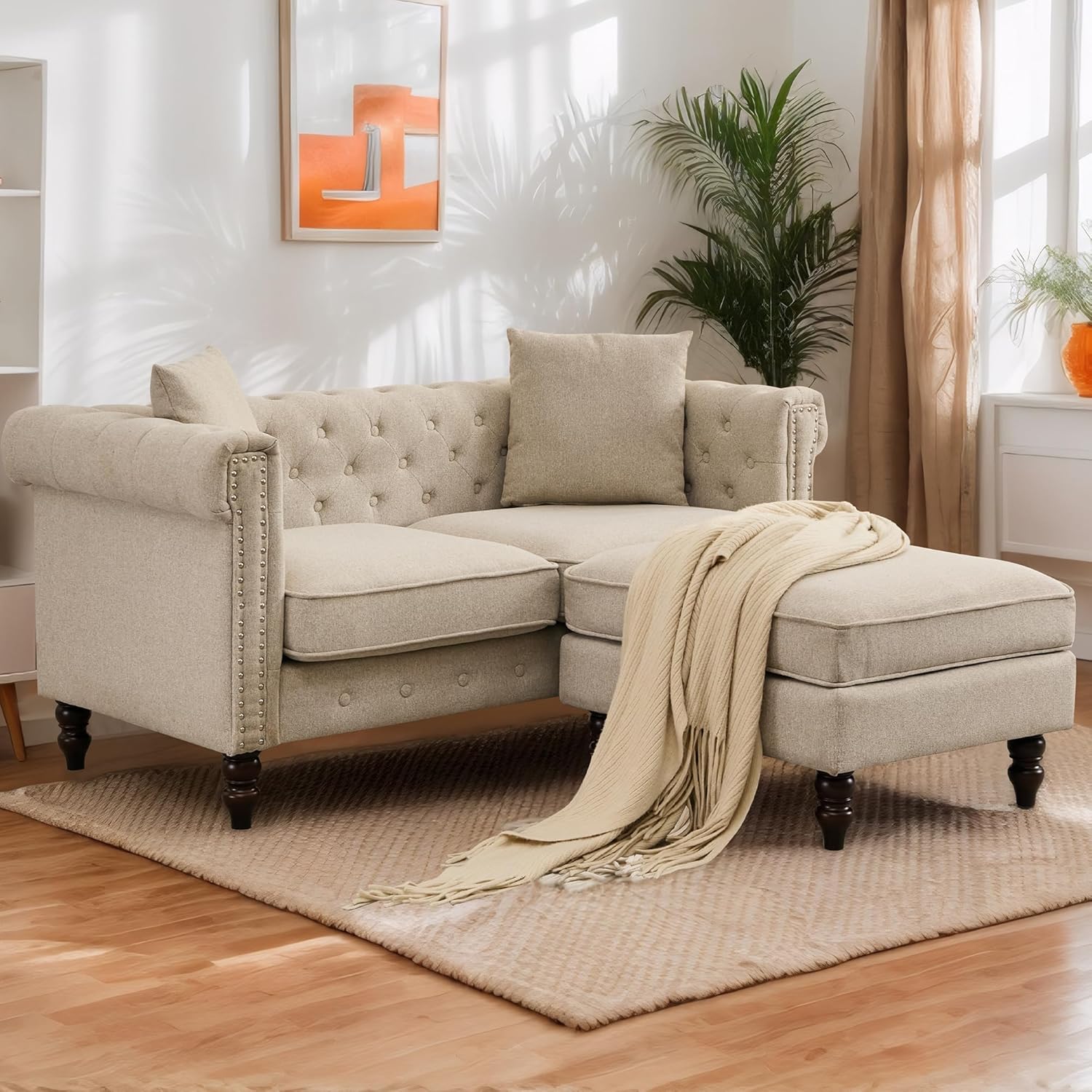 Mid-Century Modern Chesterfield Sofa with Ottoman, Linen Loveseat Classical Retro 2 Seater Couch Tufted Deep Seat Sofa Pet Friendly Sofa Victorian Couch for Living Room (Grey)