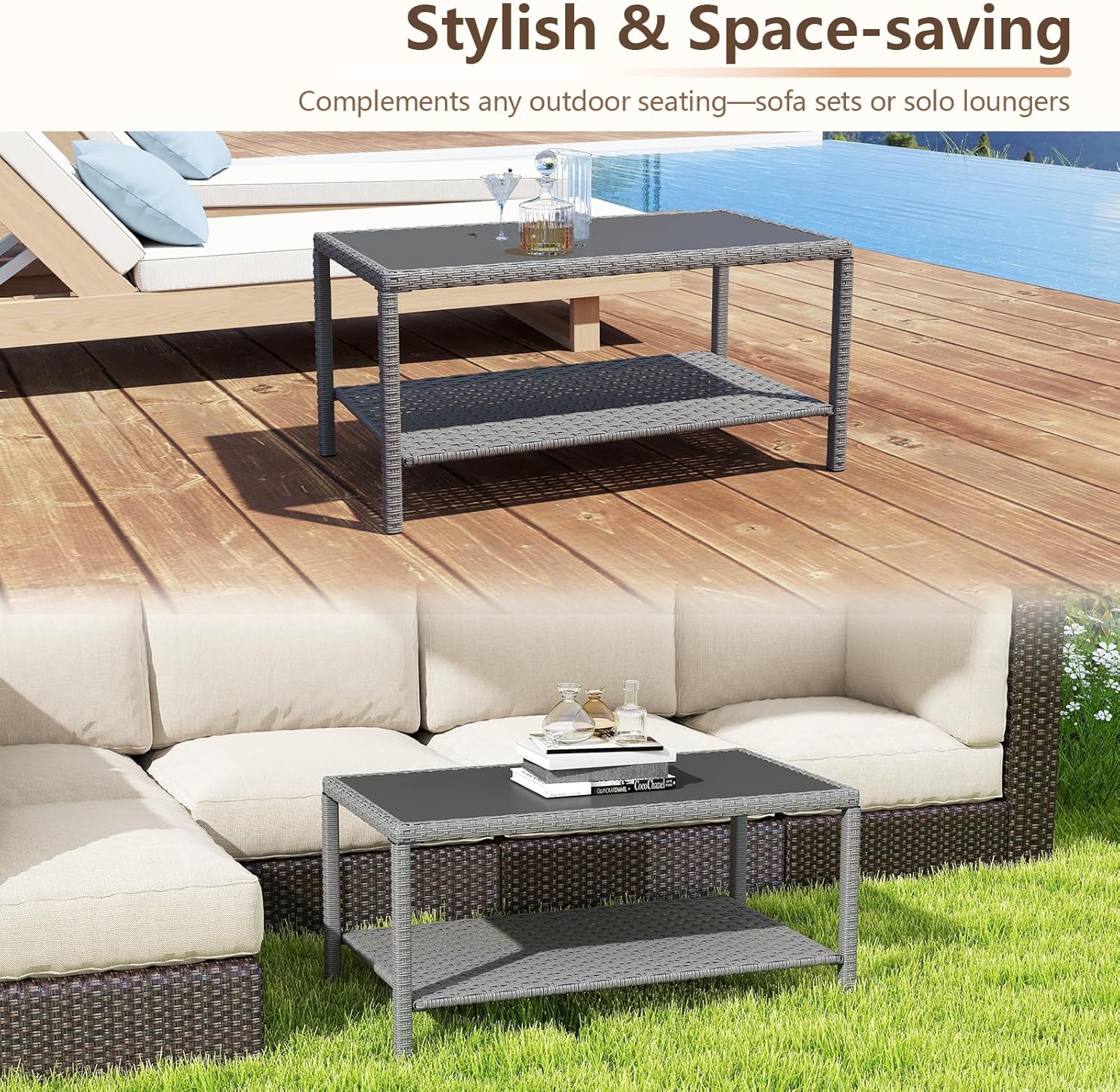 C-Hopetree Small Outdoor Coffee Side End Table for Outside Patio Storage, Gray All Weather Wicker with Glass Top, Rectangle