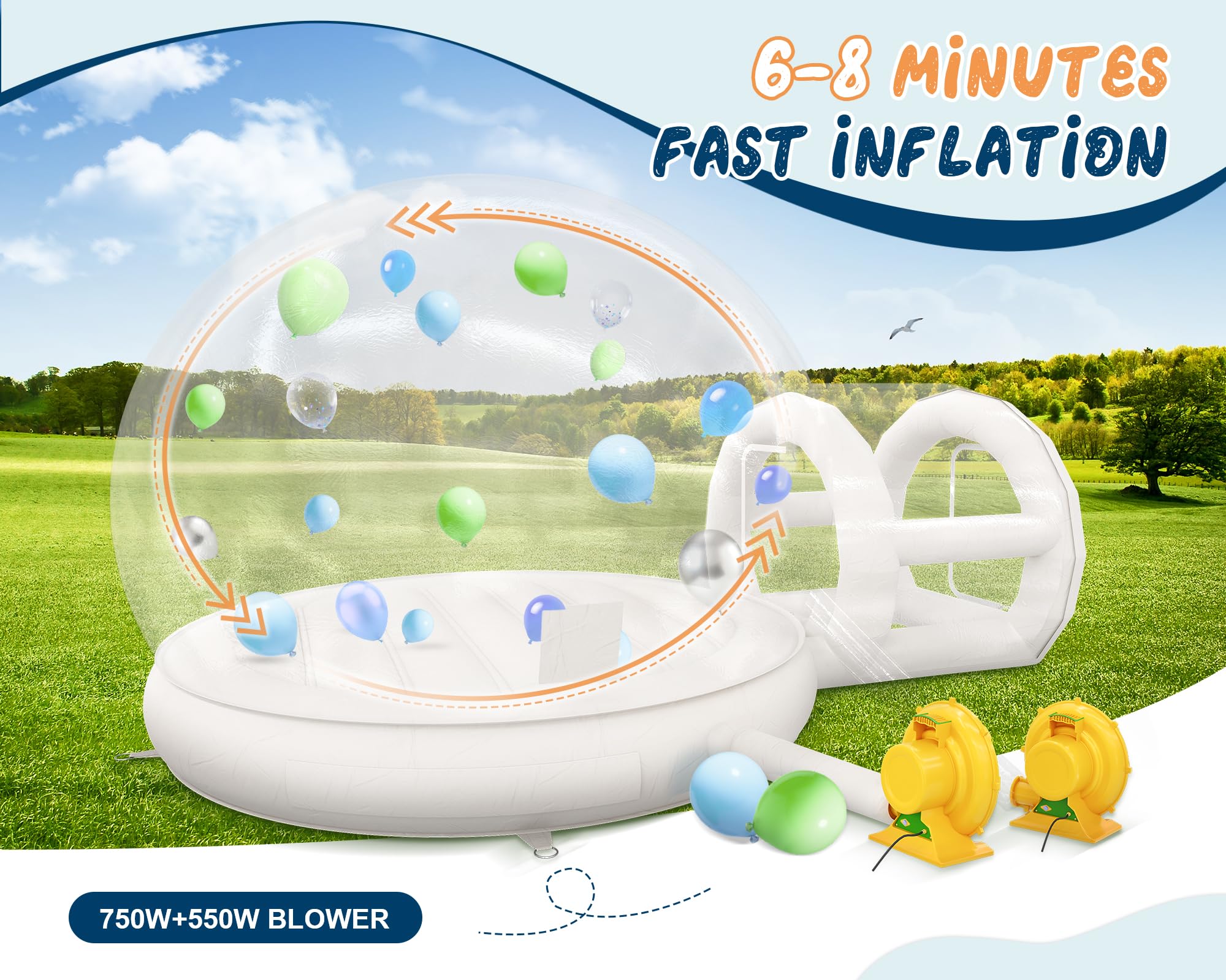 خانه حبابی Jocisland 13 فوت با تونل و بادکنک‌ها، خانه حبابی بادی PVC با دمنده‌های 750 وات و 550 وات برای مهمانی، استفاده تجاری، عروسی