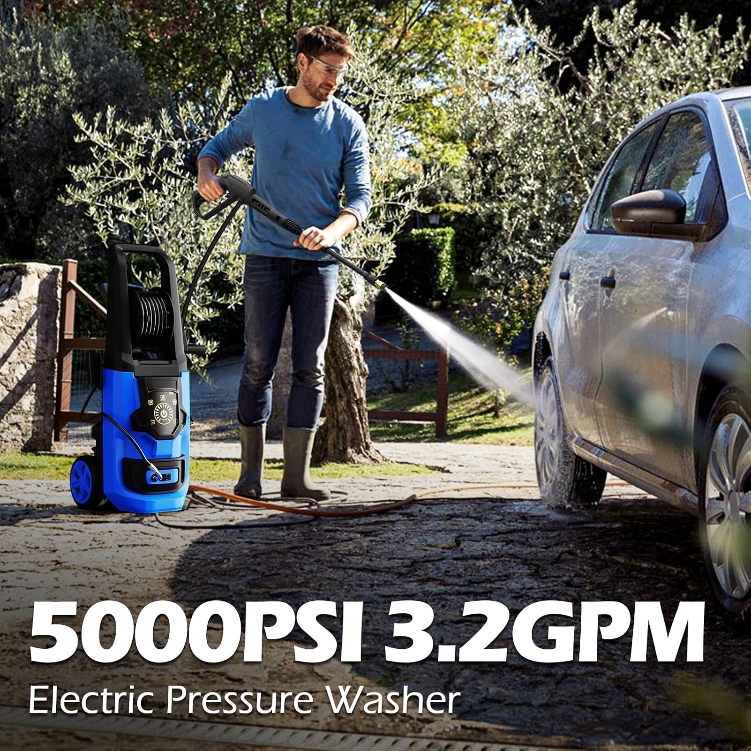 Pressure Washer, 5000PSI Max 3.2GPM Power Washer Adjustable Touch Screen with 35FT Power Cord, 20FT Hose, 4 Nozzles for Driveways Furniture or Cars, Blue