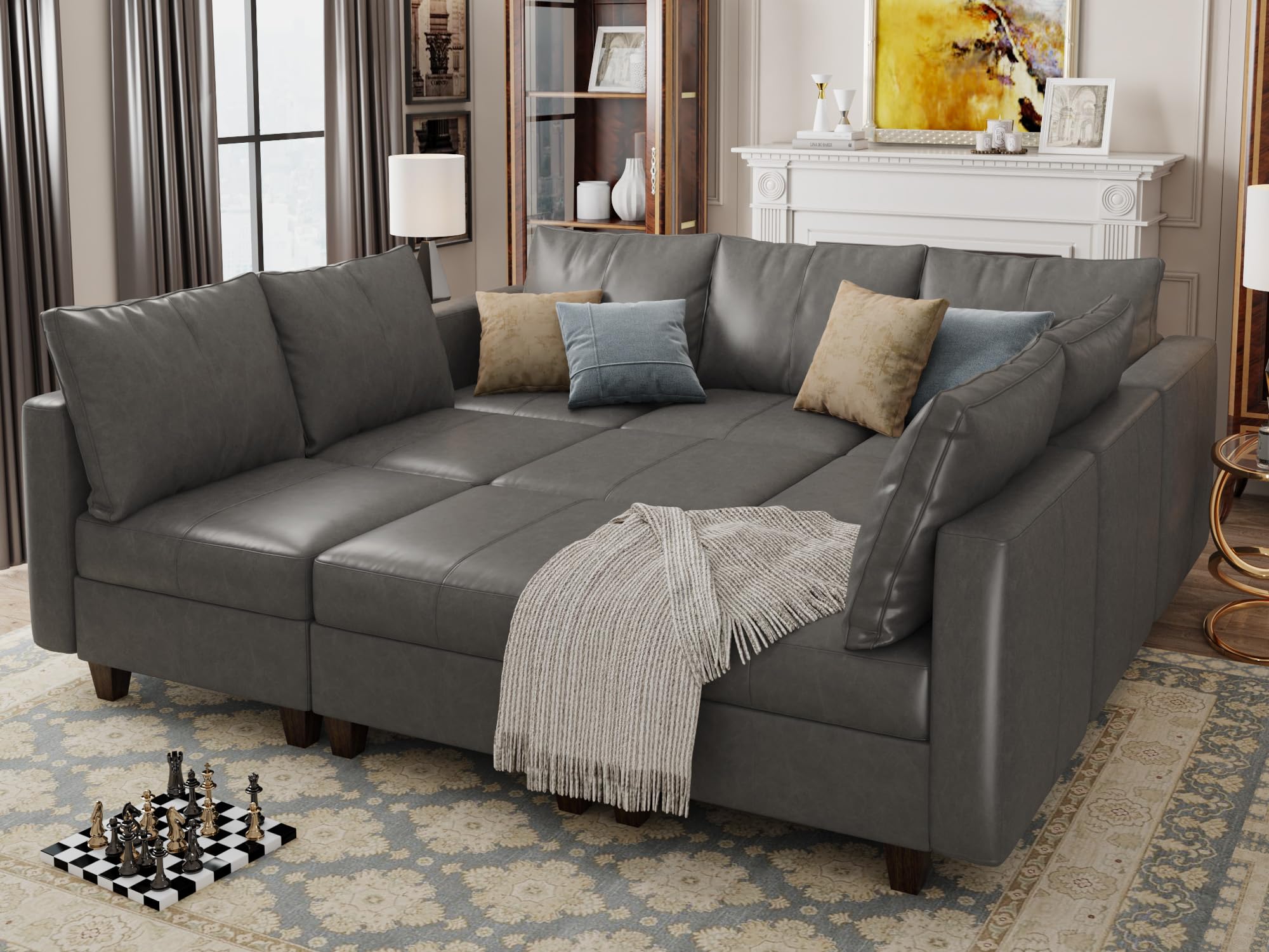 EASE MOOSE Faux Leather Sectional Sofa Sleeper Couch with Storage,Faux Leather Moduar Sectional Sleeper Sofa Bed Modular Couch for Living Room