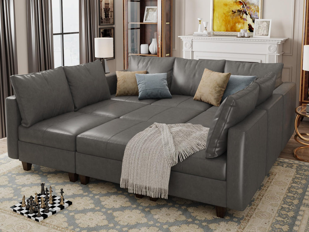 EASE MOOSE Faux Leather Sectional Modular Sleeper Sofa Sectional Sofa Bed with Storage, Faux Leather Modular Sofa Sectional Couch Brown