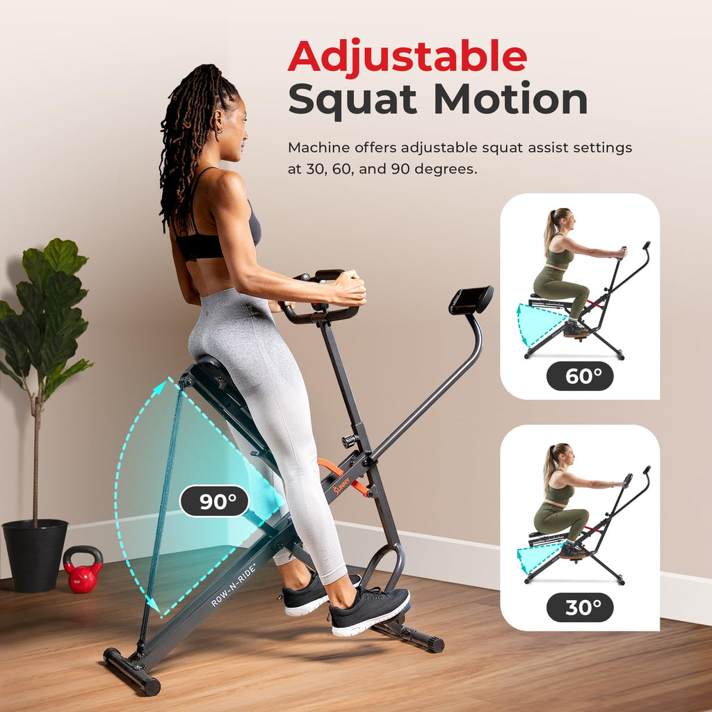 Sunny Health & Fitness Smart Upright Row-N-Ride Exerciser, Squat Assist Trainer for Glutes Workout with Adjustable Resistance, Easy Setup & Foldable, Glute & Leg Exercise Machine- NO. 077SMART