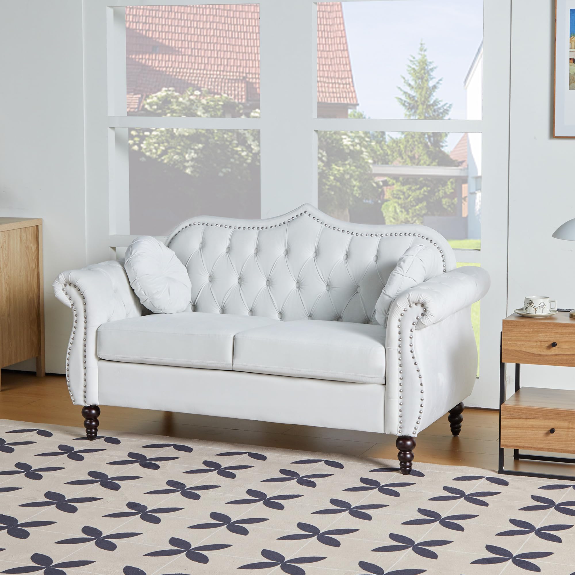 AVZEAR Chesterfield 3-Piece Living Room Sectional Sofa Set, Mid-Century Modern Upholstered PU Couch, Classic Tufted Button Sofa with Nailhead Trim for Living Room, Office (Brown)