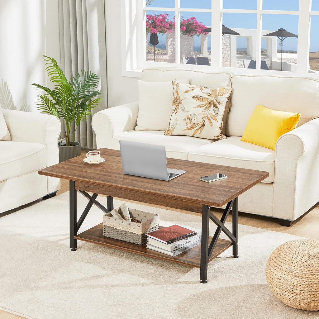 GreenForest Coffee Table with Storage, 43 inch Large Modern Coffee Tables for Living Room, X-Frame Design Farmhouse Coffee Table Space Saving Living Room Tables, Easy Assembly, Walnut